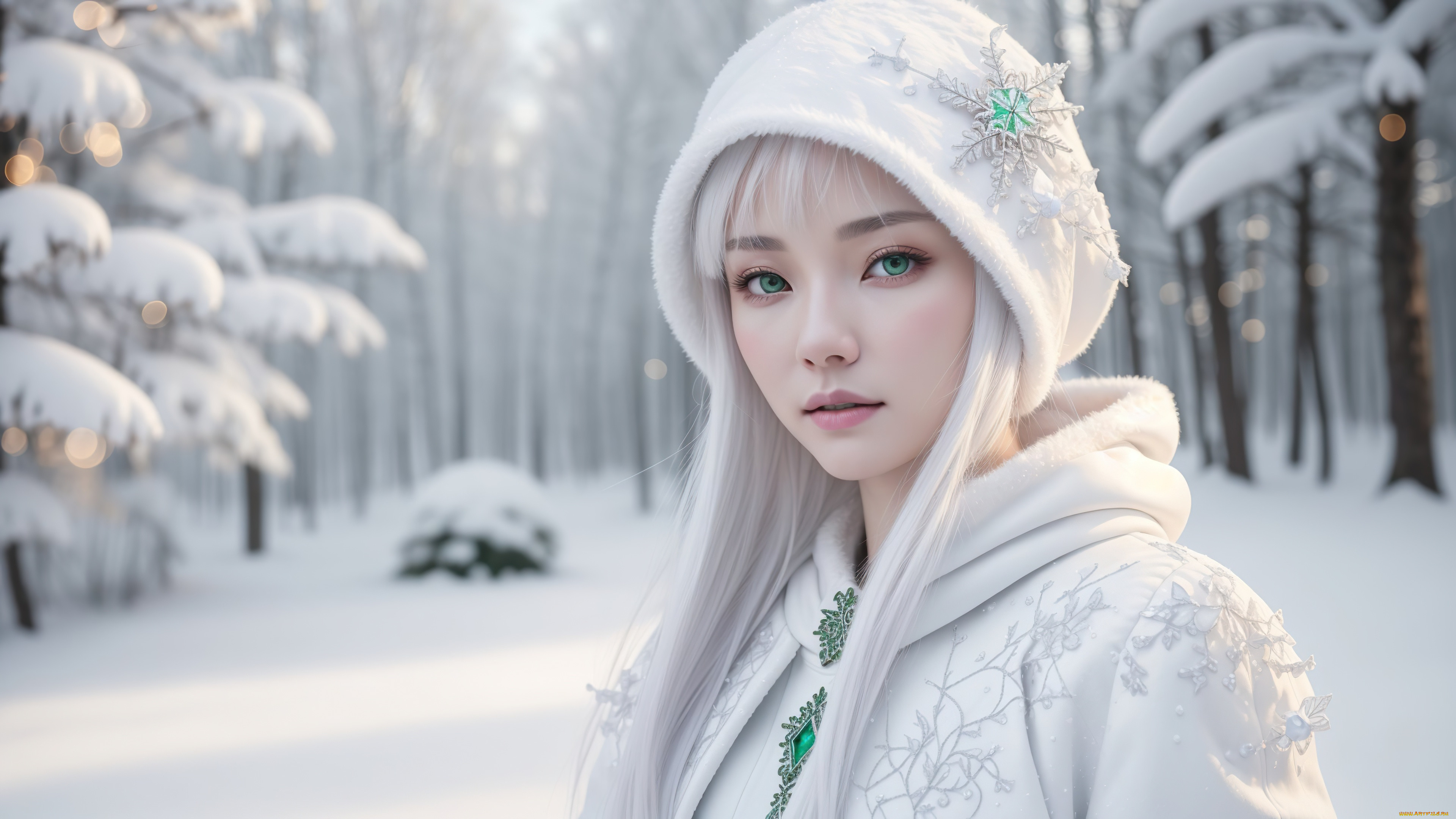 , 3 ,  , fantasy, girl, green, eyes, nature, art, winter, snow